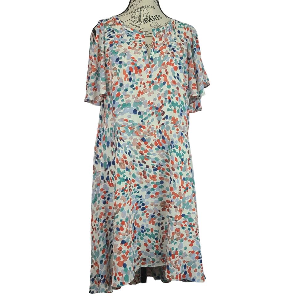 Maeve Anthropologie Multi Watercolor Flutter Cold Shoulder Sleeve Dress Sz Lg